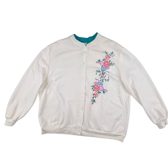 Vtg Blair Cardigan 2XL White Jade Floral Embroidered Knit Grandmacore Cozy Chic - Picture 1 of 9